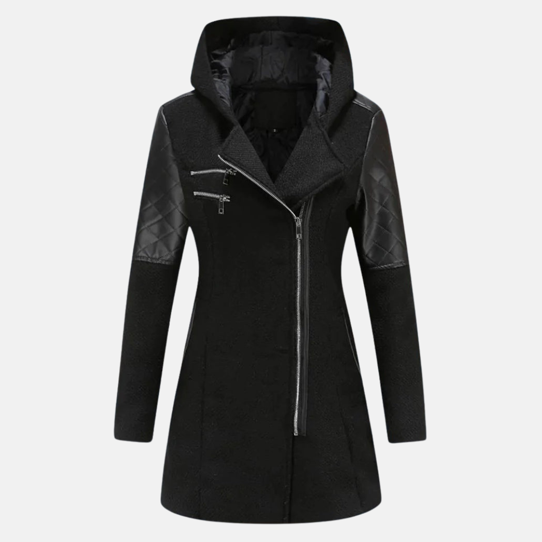 Ladies Coat – Fitted Model – Wool Mix – Padded Sleeves and Shoulders – Hood