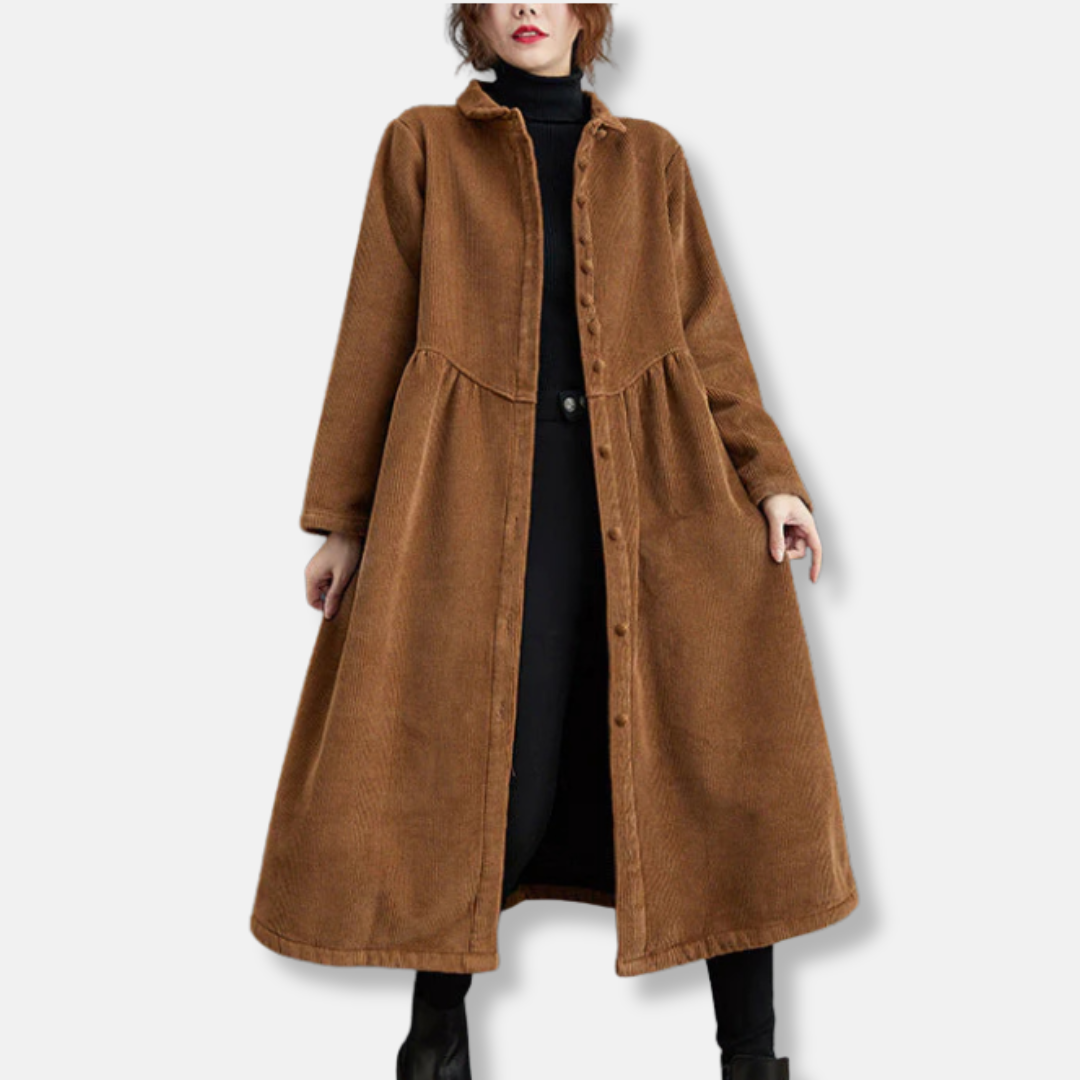 Women's Long Coat – Corduroy – A-Line Loose Fit – High Neck – Midi Length