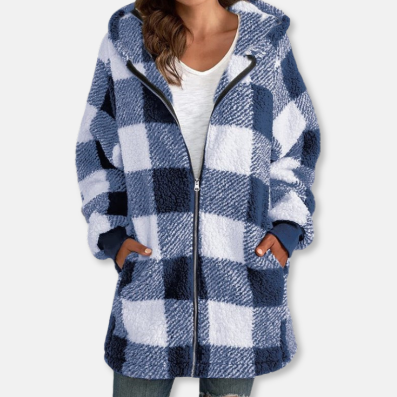 Ladies Hoodie – Oversized Fit – Soft Knit – Checked – With Hood and Zipper