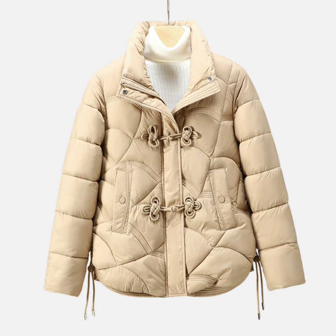 Women's Puffer Jacket – Short Model – Geometrically Quilted – Frog Buttons – Adjustable Hem