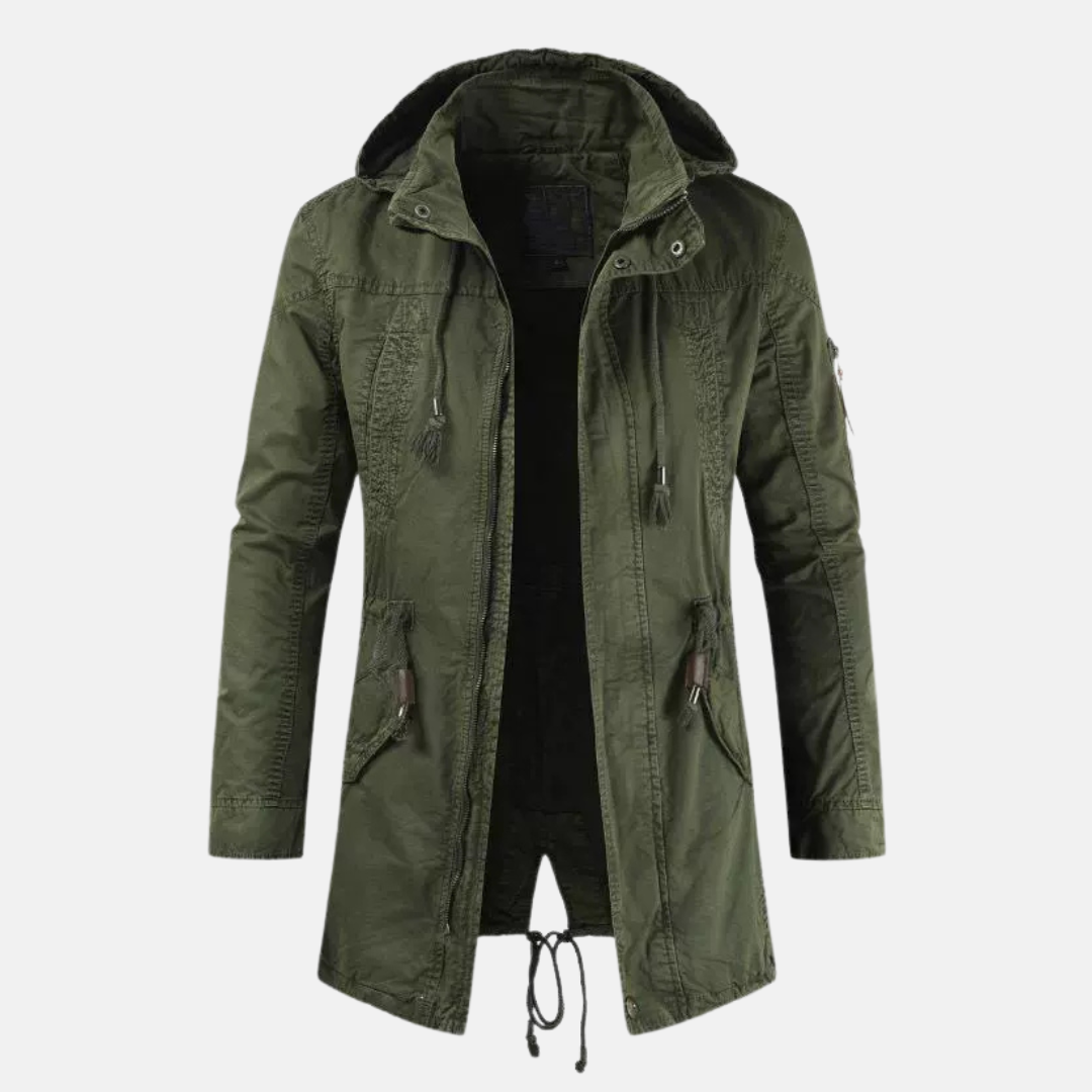 Men's Parka Jacket – Slim Fit – Cotton Blend – Hood – Multiple Pockets – Drawstring