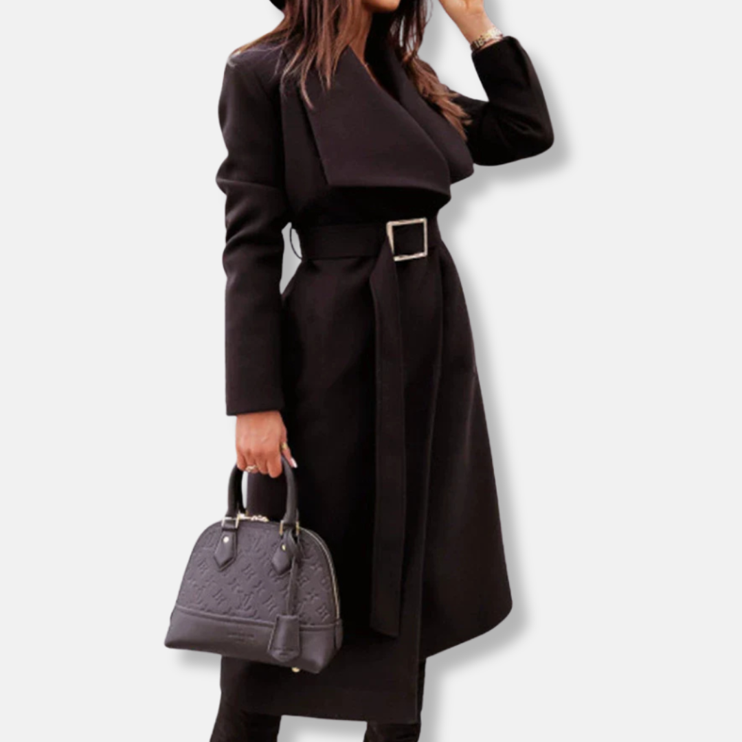 Women's Long Coat – Tailored Relaxed Fit – Belt – Drapé Lapel – Gold-Colored Buckle