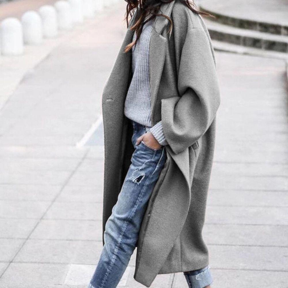 Women's Long Coat – Wool Mix – Oversized Fit – Open Front – Casual Look