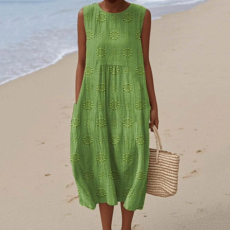 Ladies midi dress – Loose fit – A-line – Naturally breathable – Floral print – Pockets