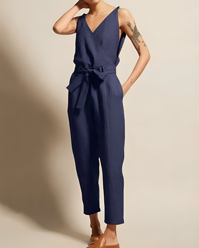Dames Jumpsuit - Linnen Katoen - Getailleerde Pasvorm - Mouwloos met Overslag V-Hals