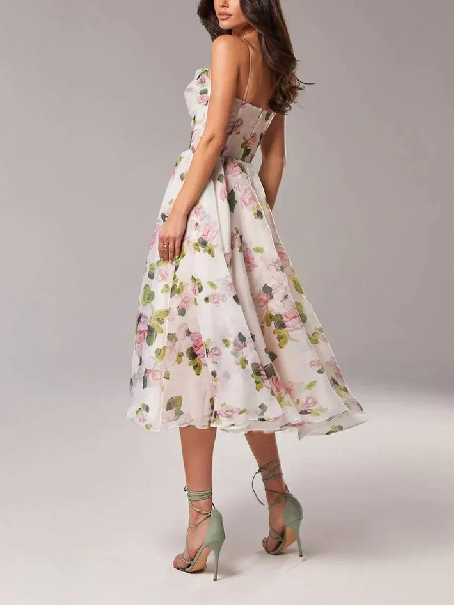 Women's midi-dress – A-line fit – Chiffon look – Spaghetti straps – Floral print
