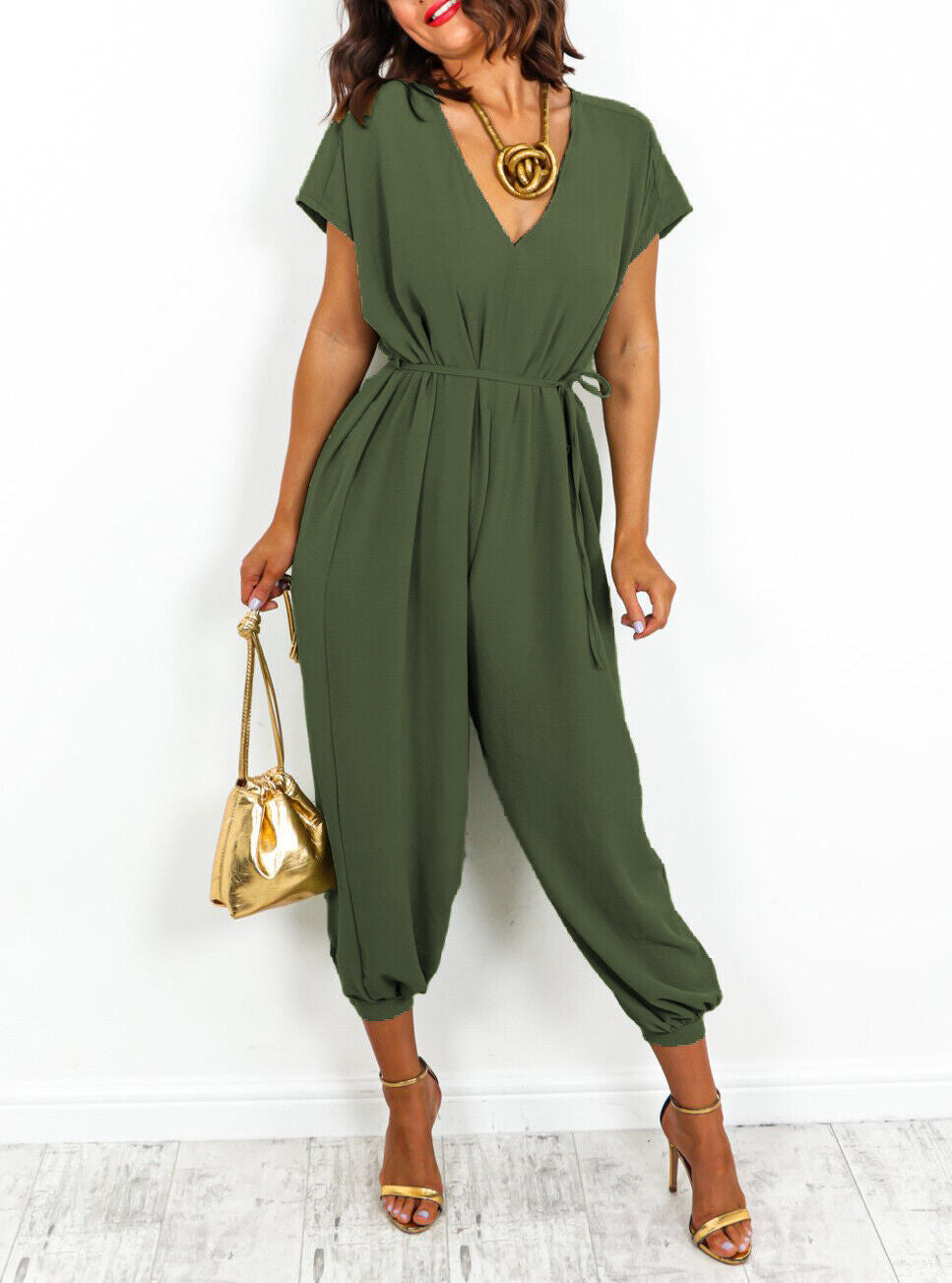 Dames Jumpsuit – V-hals – Korte Mouwen – Elastische Taille – Cuffed Pijpen