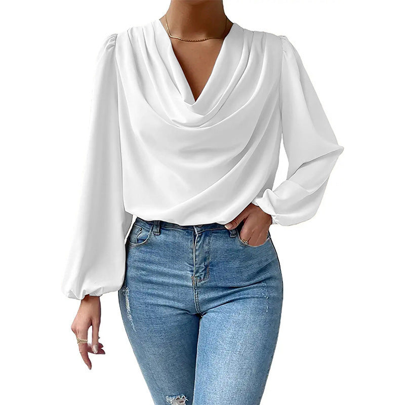 Dames Blouse – Losse Pasvorm – Cowl Halslijn – Lange Pofmouwen – Elegante Stijl