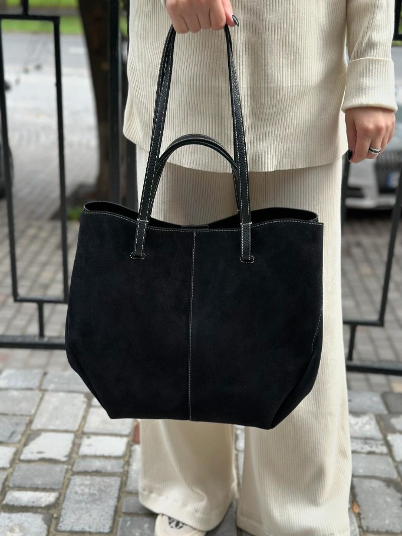 Suède bruine en zwarte tote bag voor dames - chique en veelzijdige handtas