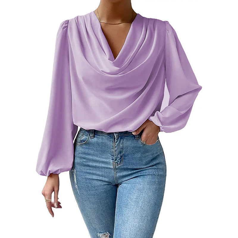 Dames Blouse – Losse Pasvorm – Cowl Halslijn – Lange Pofmouwen – Elegante Stijl
