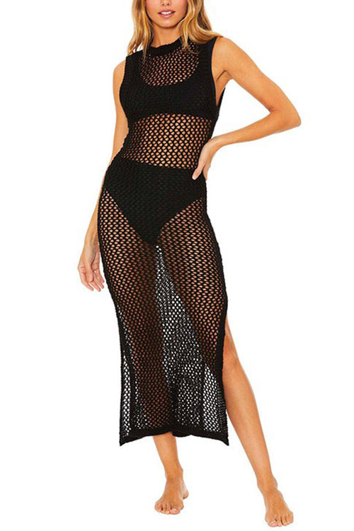 Dames Midi Jurk - Gehaakt Opengewerkt - Mouwloos - Rechte Pasvorm - Zijsplit Beachwear