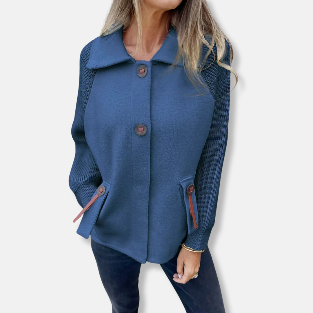 Women's Coat – Relaxed Fit – Knitted Sleeves – Notched Collar – Button Closure – Flap Pockets