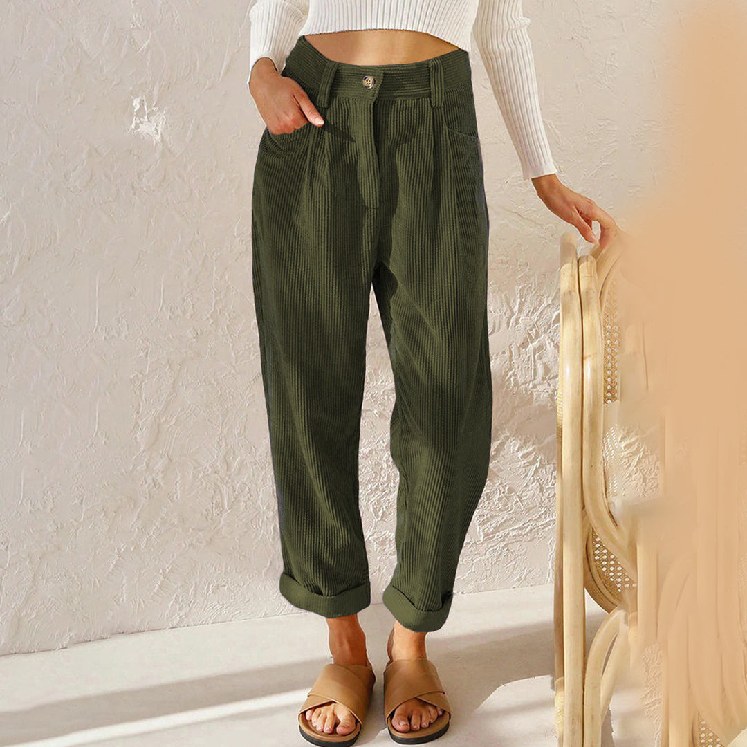 Women's Trousers - High Waist - Fitted with Pleat - Tapered Fit - Ribbed Comfort Design