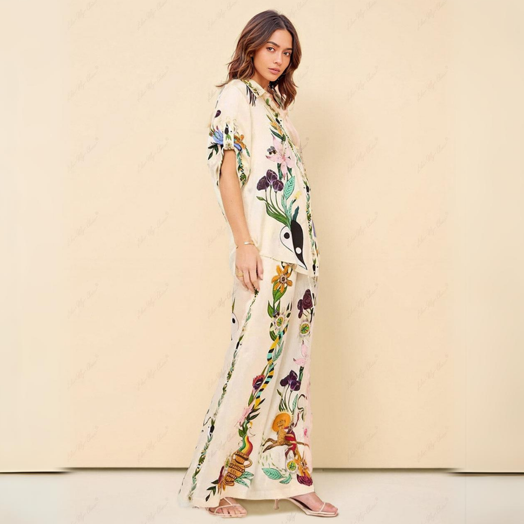 Unieke Oversized Blouse met Print en Knoopbroek