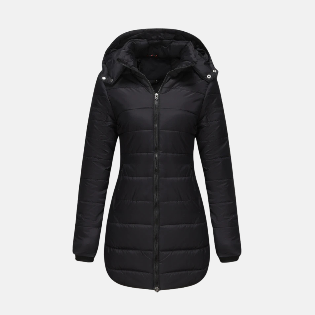 Women's Long Padded Coat – Tailored Fit – Hood – Two-way Zip