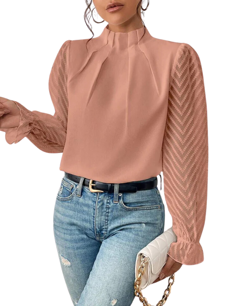 Dames Blouse - Hoge Rufflekraag - Plissé Voorzijde - Transparante Chevron Mouwen