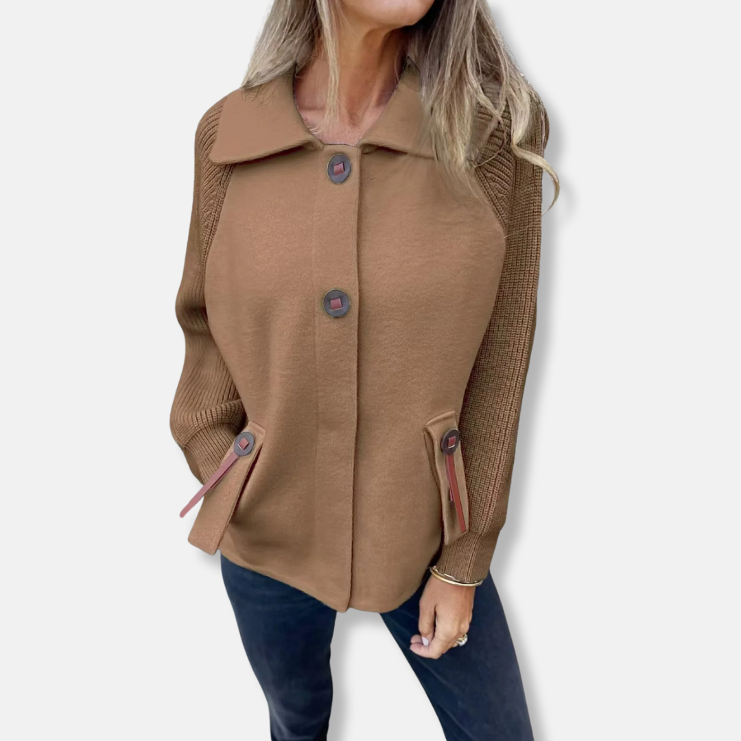 Women's Coat – Relaxed Fit – Knitted Sleeves – Notched Collar – Button Closure – Flap Pockets