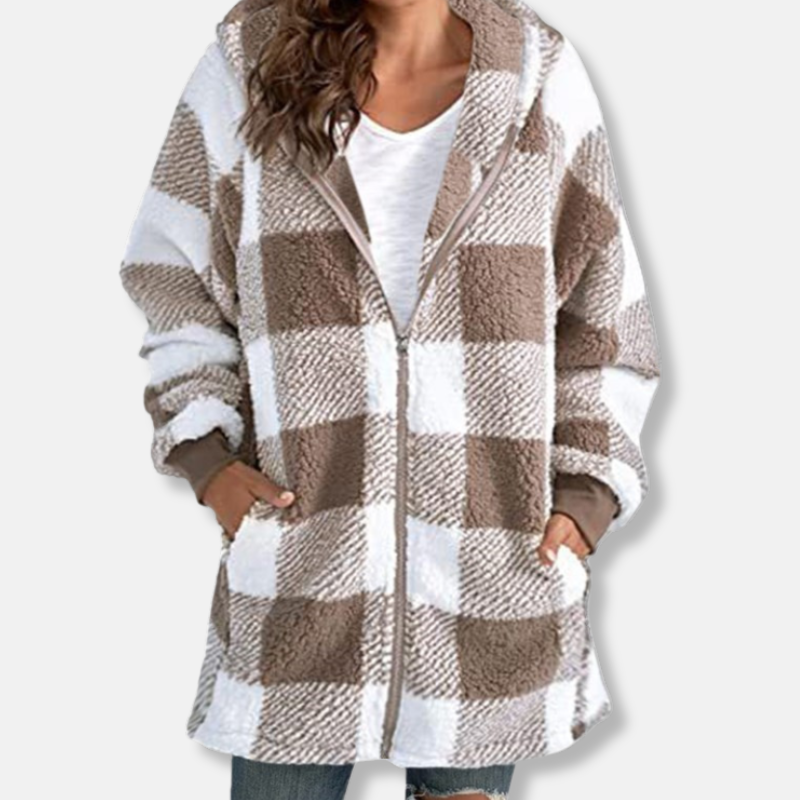 Ladies Hoodie – Oversized Fit – Soft Knit – Checked – With Hood and Zipper