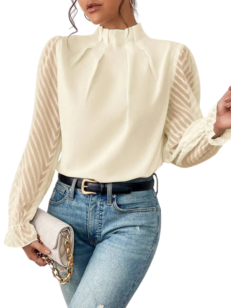 Dames Blouse - Hoge Rufflekraag - Plissé Voorzijde - Transparante Chevron Mouwen