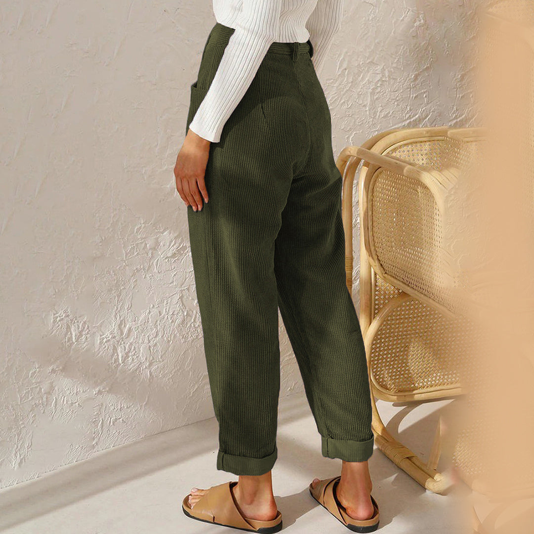 Women's Trousers - High Waist - Fitted with Pleat - Tapered Fit - Ribbed Comfort Design