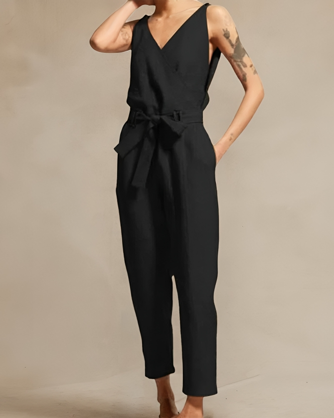Dames Jumpsuit - Linnen Katoen - Getailleerde Pasvorm - Mouwloos met Overslag V-Hals