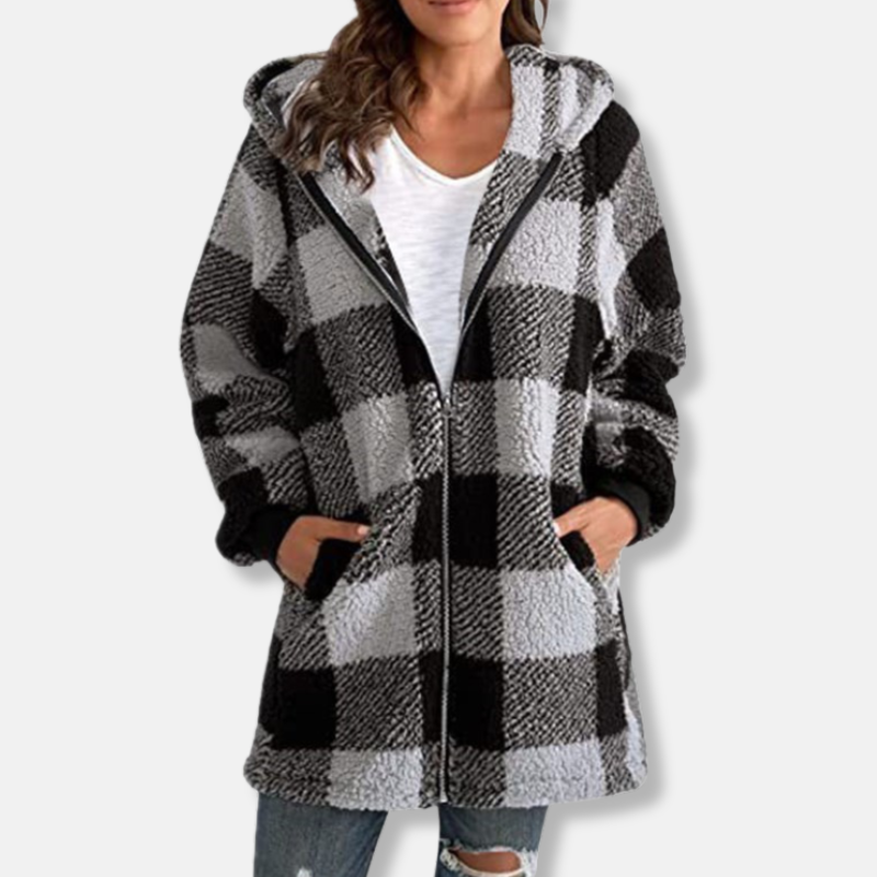 Ladies Hoodie – Oversized Fit – Soft Knit – Checked – With Hood and Zipper