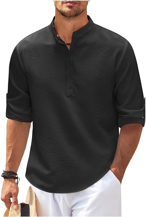 Men's Shirt – Relaxed Fit – Band Collar – Breathable – Short Button Placket