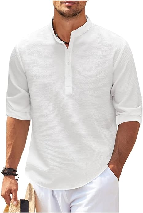 Men's Shirt – Relaxed Fit – Band Collar – Breathable – Short Button Placket