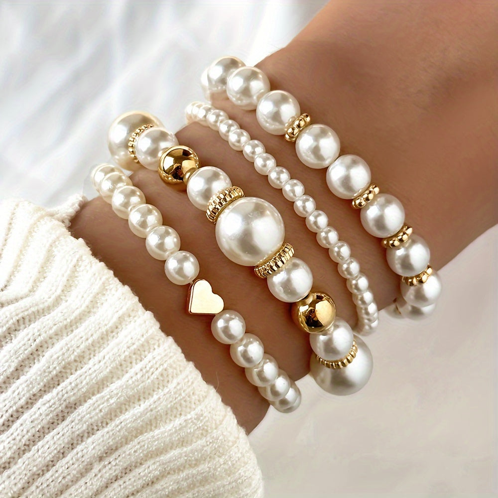 Dames Armbandenset – Faux Parel – Metalen Accenten – Elastische Pasvorm – Elegant Design