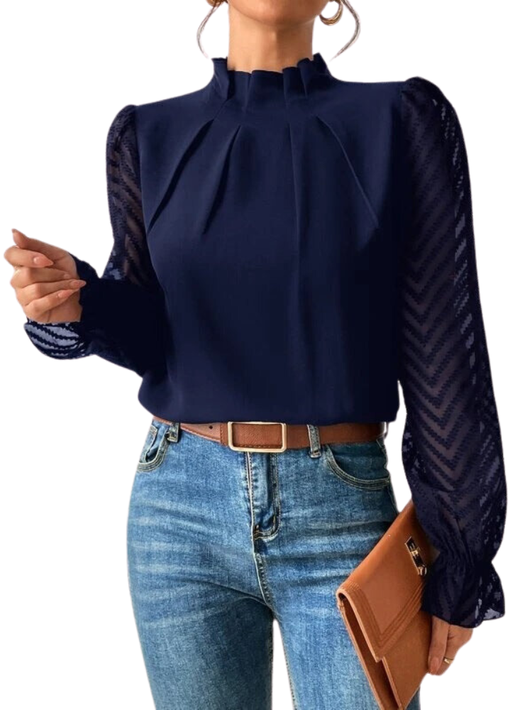 Dames Blouse - Hoge Rufflekraag - Plissé Voorzijde - Transparante Chevron Mouwen
