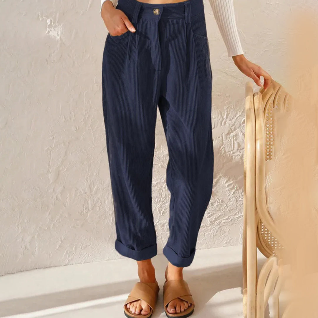 Women's Trousers - High Waist - Fitted with Pleat - Tapered Fit - Ribbed Comfort Design