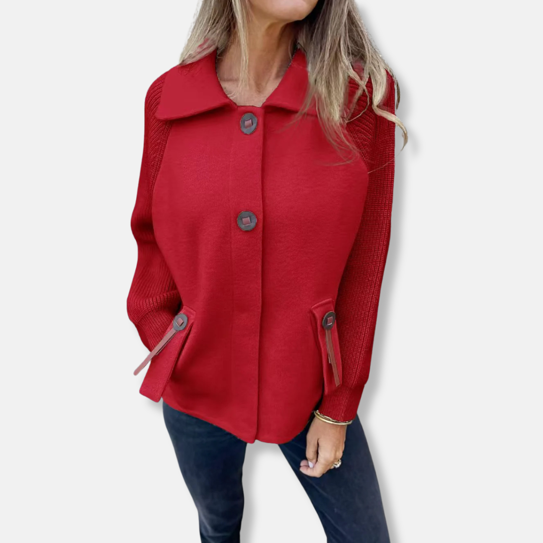 Women's Coat – Relaxed Fit – Knitted Sleeves – Notched Collar – Button Closure – Flap Pockets