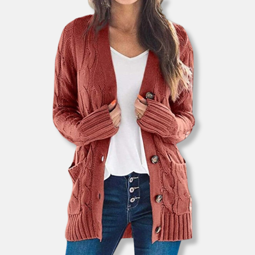 Women's Cardigan – Relaxed Fit – Chunky Cable Knit – Mid-Length – Button Closure – Pockets