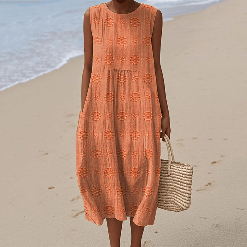 Ladies midi dress – Loose fit – A-line – Naturally breathable – Floral print – Pockets