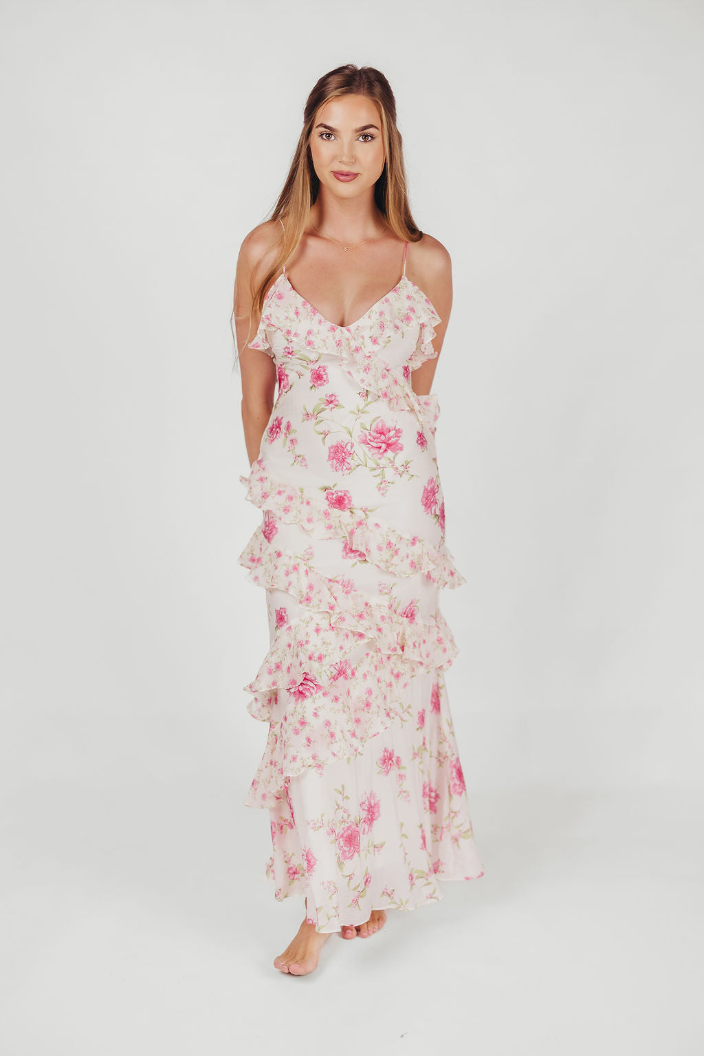 Dames Maxi Jurk – Ruches – Wikkelmodel – V-Hals – Spaghettibandjes – Luchtige Stof