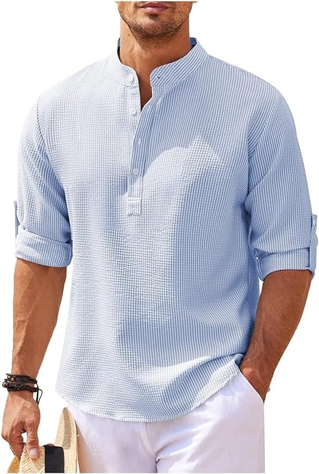Men's Shirt – Relaxed Fit – Band Collar – Breathable – Short Button Placket
