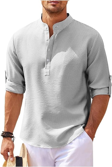 Men's Shirt – Relaxed Fit – Band Collar – Breathable – Short Button Placket
