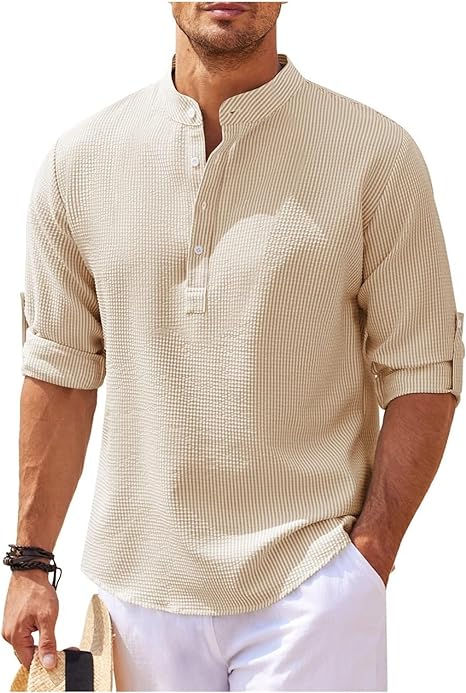 Men's Shirt – Relaxed Fit – Band Collar – Breathable – Short Button Placket