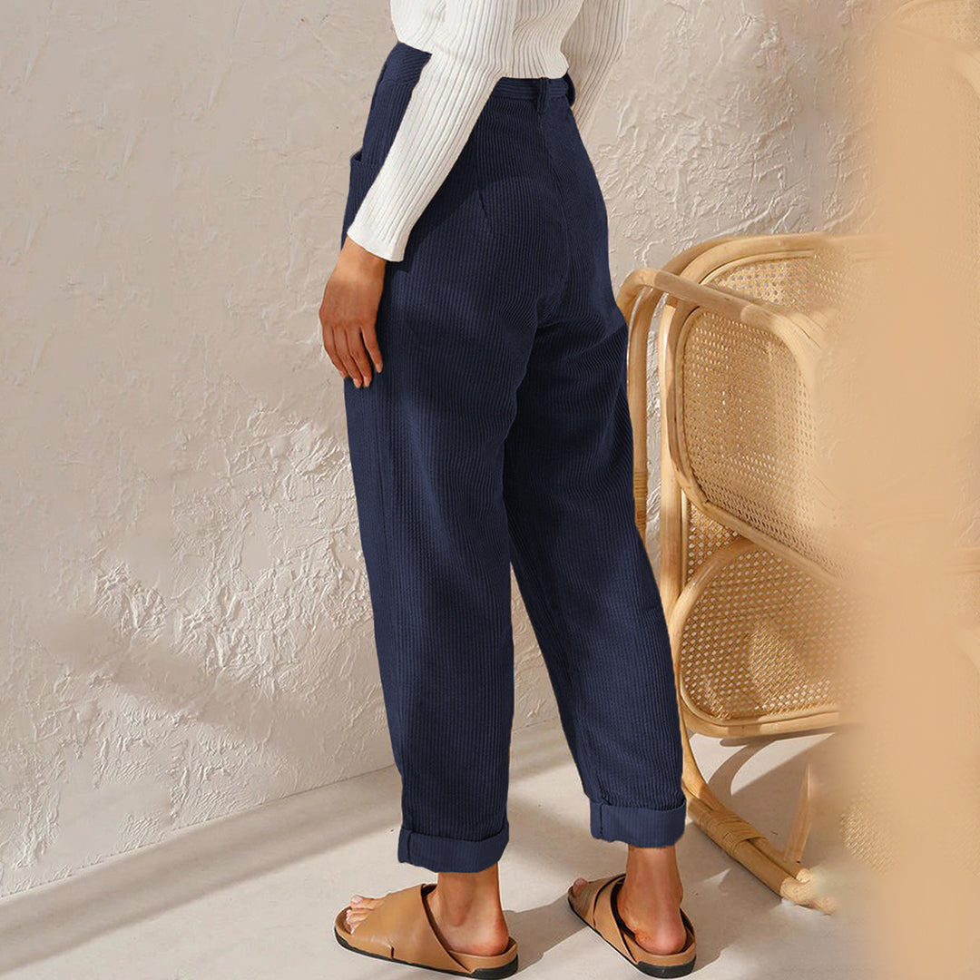 Women's Trousers - High Waist - Fitted with Pleat - Tapered Fit - Ribbed Comfort Design