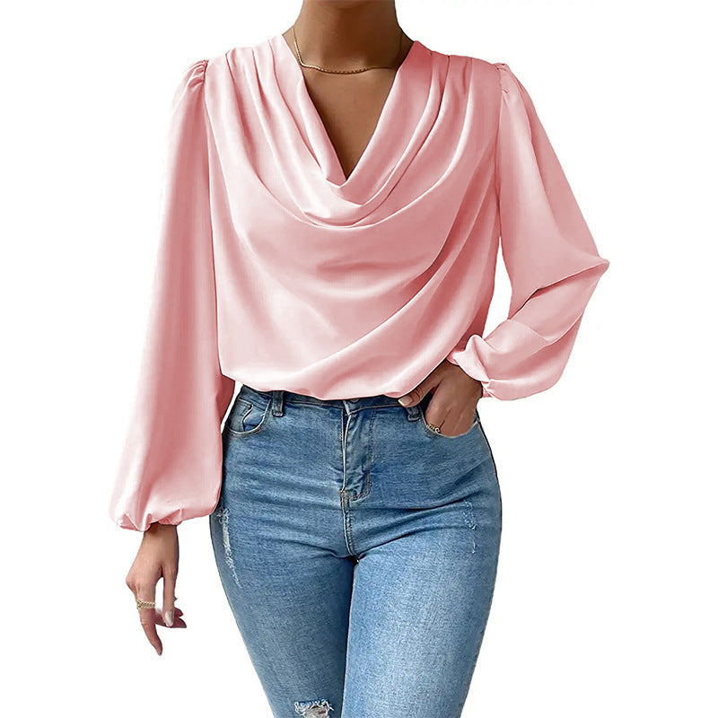 Dames Blouse – Losse Pasvorm – Cowl Halslijn – Lange Pofmouwen – Elegante Stijl