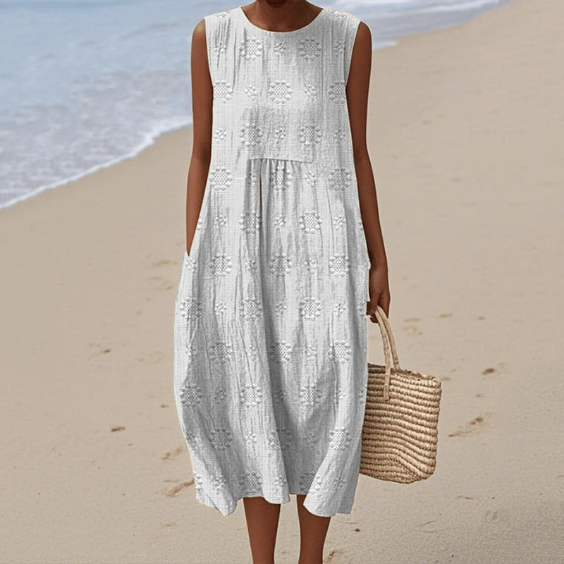 Ladies midi dress – Loose fit – A-line – Naturally breathable – Floral print – Pockets