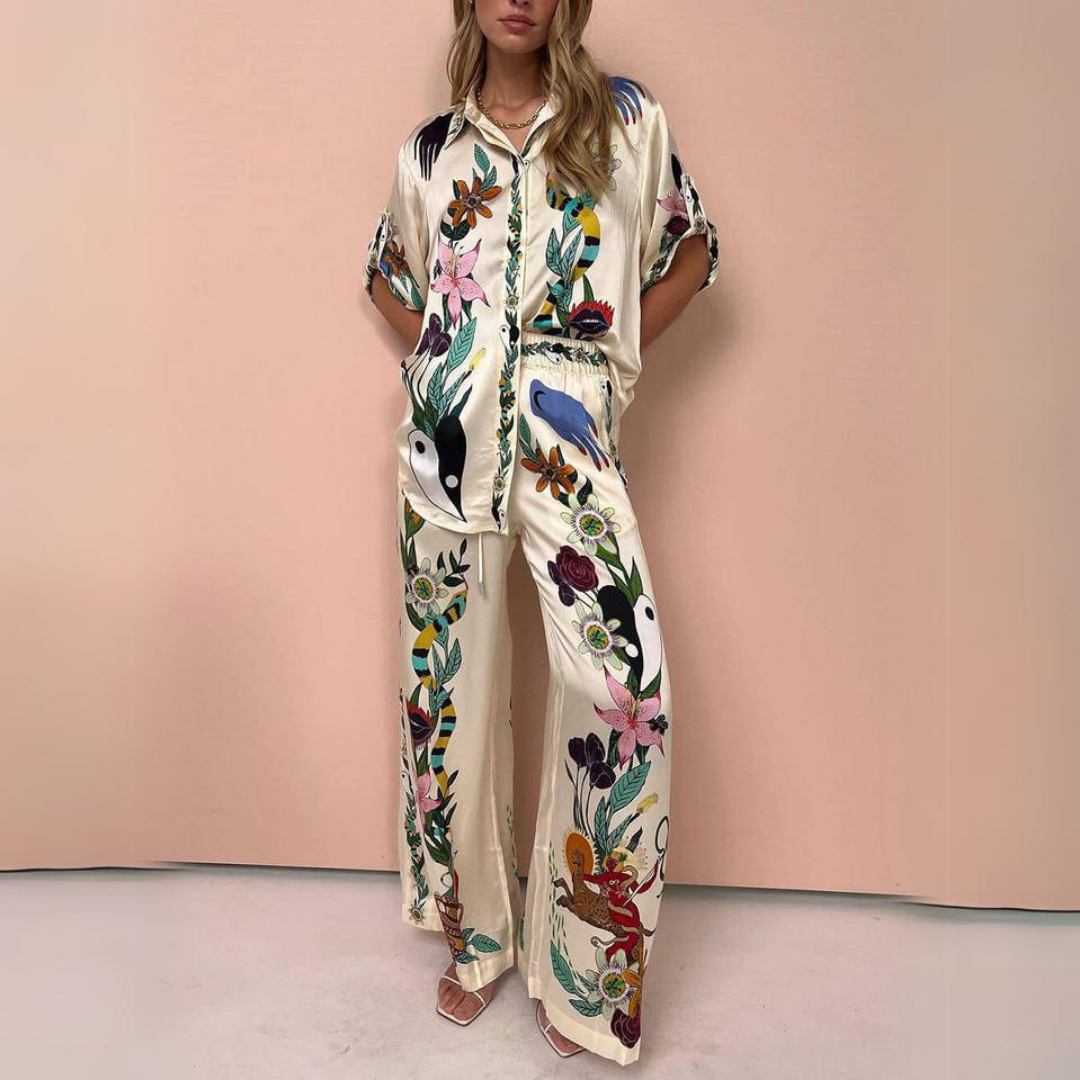 Unieke Oversized Blouse met Print en Knoopbroek