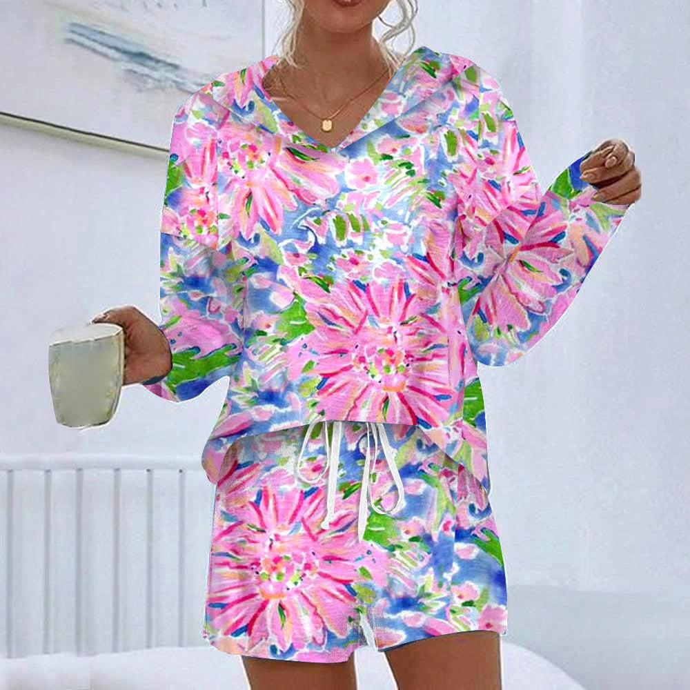 Dames Loungewear Set – V-Hals Hoodie – Losse Pasvorm – Gestreepte Top en Shorts