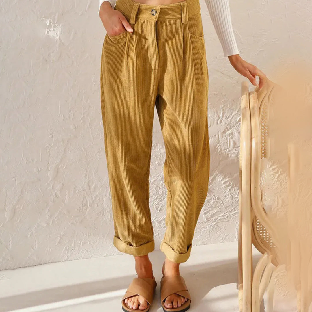 Women's Trousers - High Waist - Fitted with Pleat - Tapered Fit - Ribbed Comfort Design