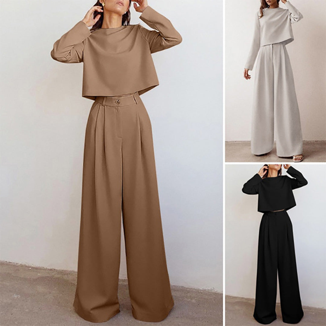 Elegante Cropped Lange Mouw En Wijde Pijpen Broekenset Voor Dames