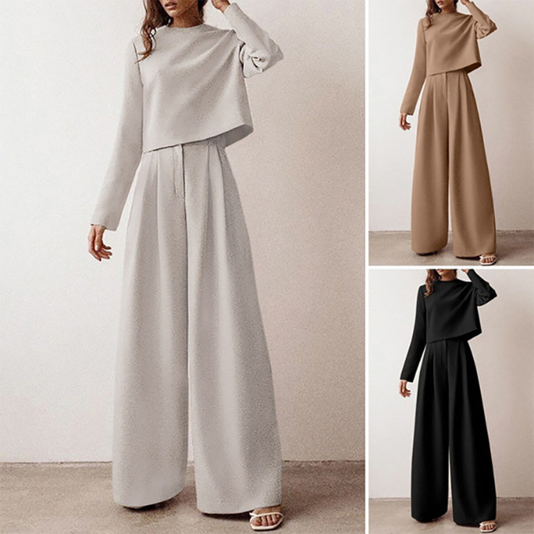 Elegante Cropped Lange Mouw En Wijde Pijpen Broekenset Voor Dames