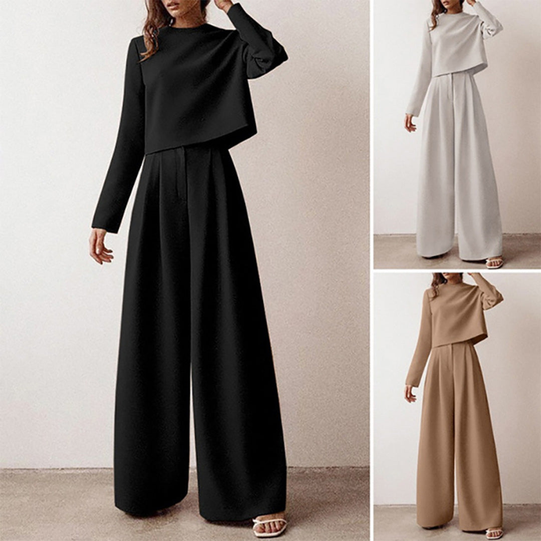 Elegante Cropped Lange Mouw En Wijde Pijpen Broekenset Voor Dames