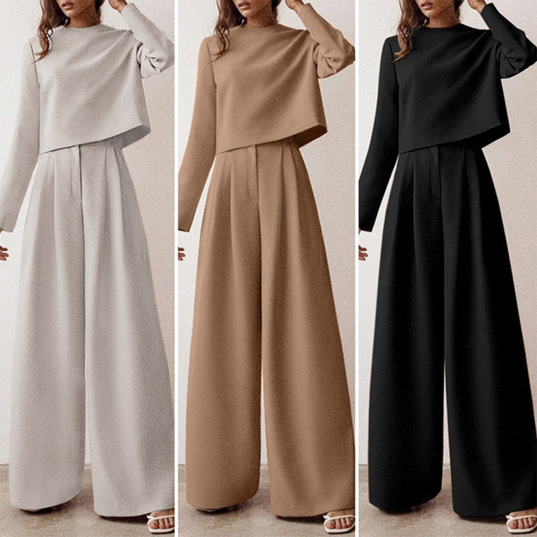 Elegante Cropped Lange Mouw En Wijde Pijpen Broekenset Voor Dames