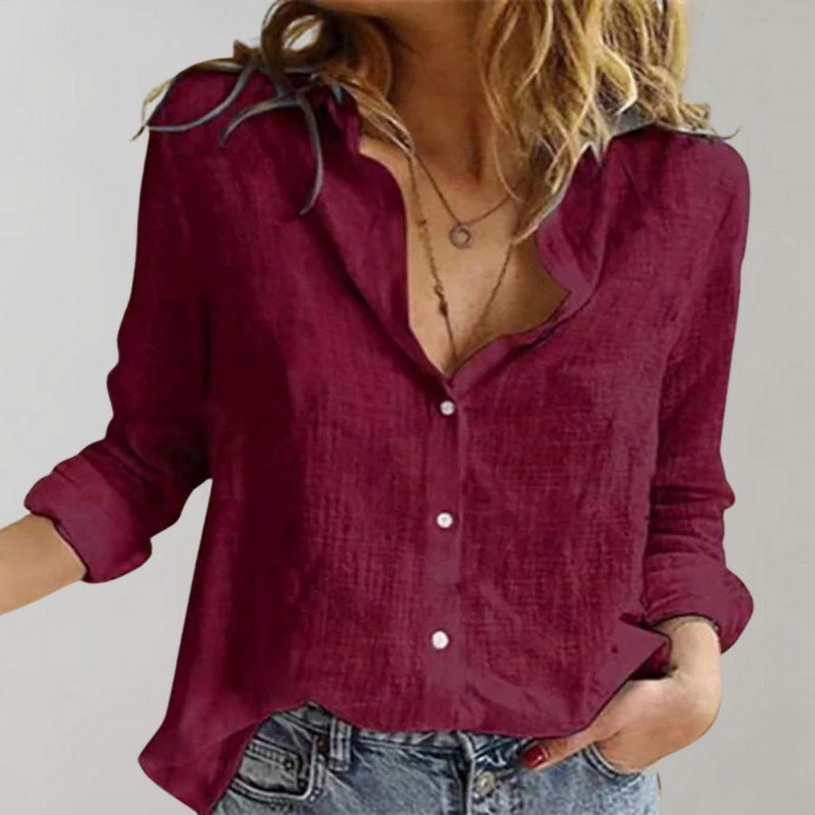 Dames Blouse – Ademend Linnenmix – Relaxed Fit – Lange Mouwen – Klassieke Kraag