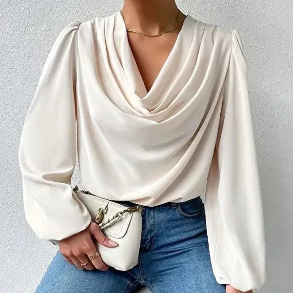 Dames Blouse – Losse Pasvorm – Cowl Halslijn – Lange Pofmouwen – Elegante Stijl